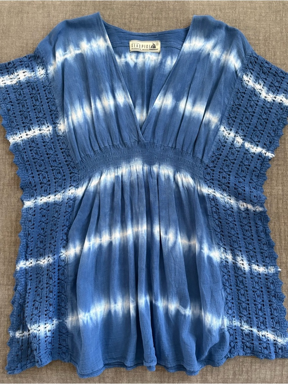 Blue Tie-Dye V-Neck Crochet Sleeve flowy boho Dress - resort ware / coverup - S - Picture 6 of 6